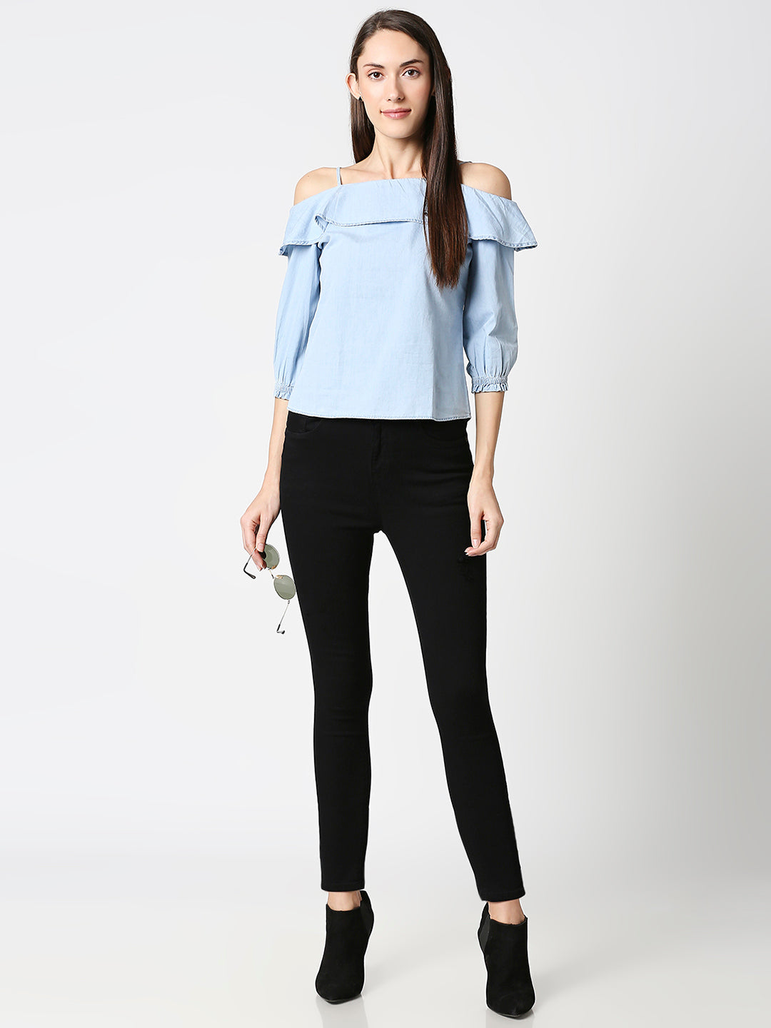 Women Light Blue Off Shoulder Top