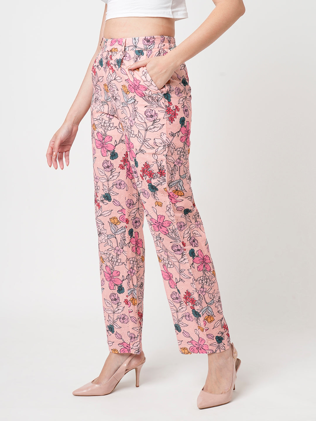 Women Soft Pink High-Rise Loose Straight Pants