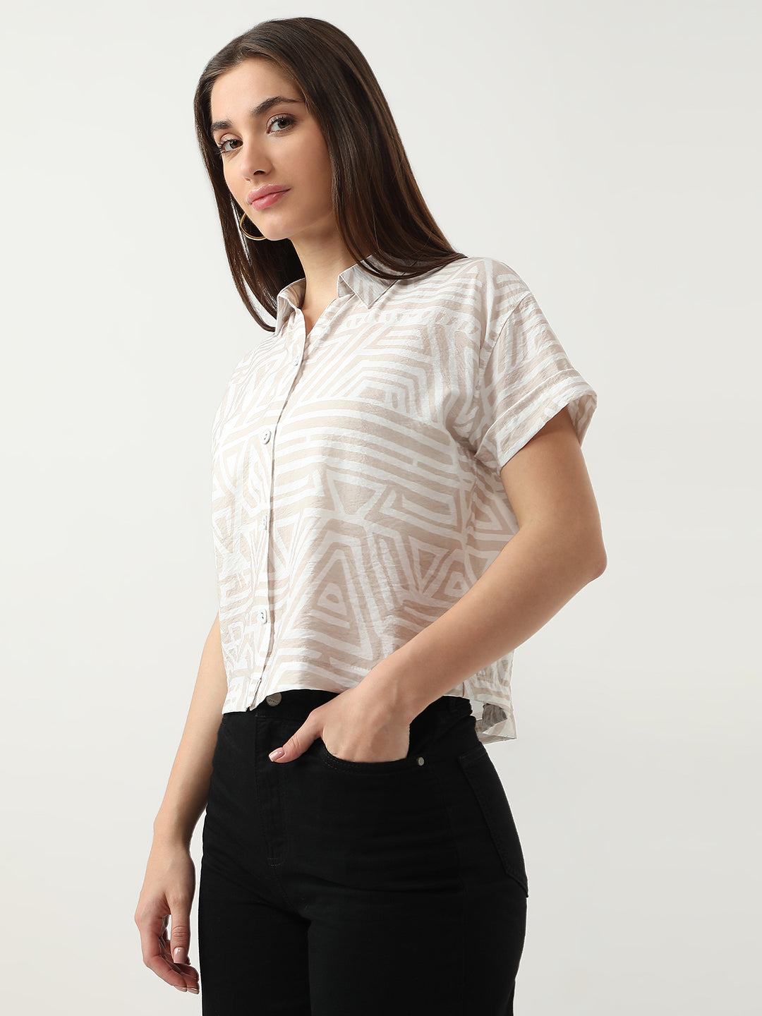 Women Beige/White Crop Shirt