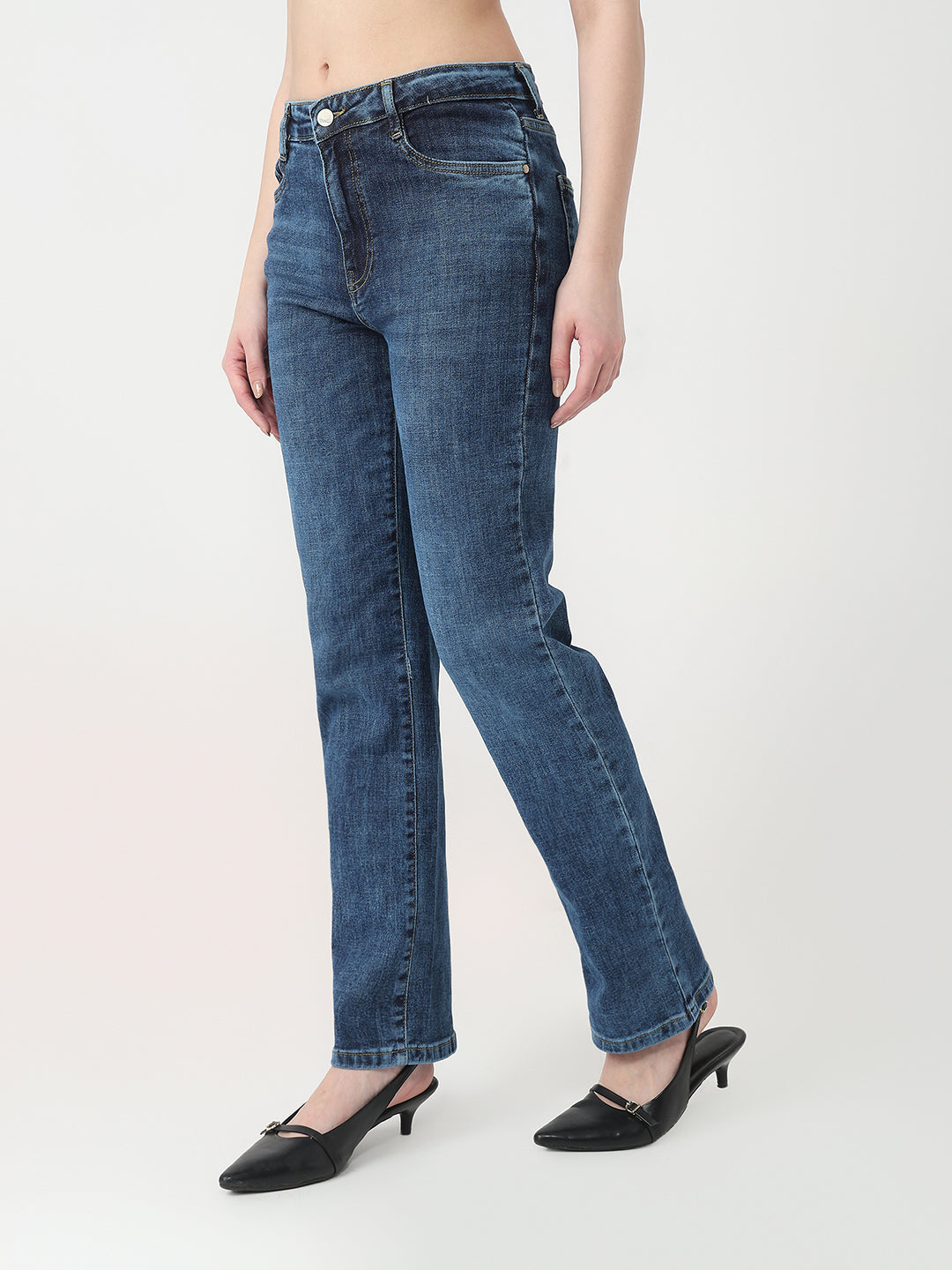 Women Blue High-Rise Slim Straight Jeans