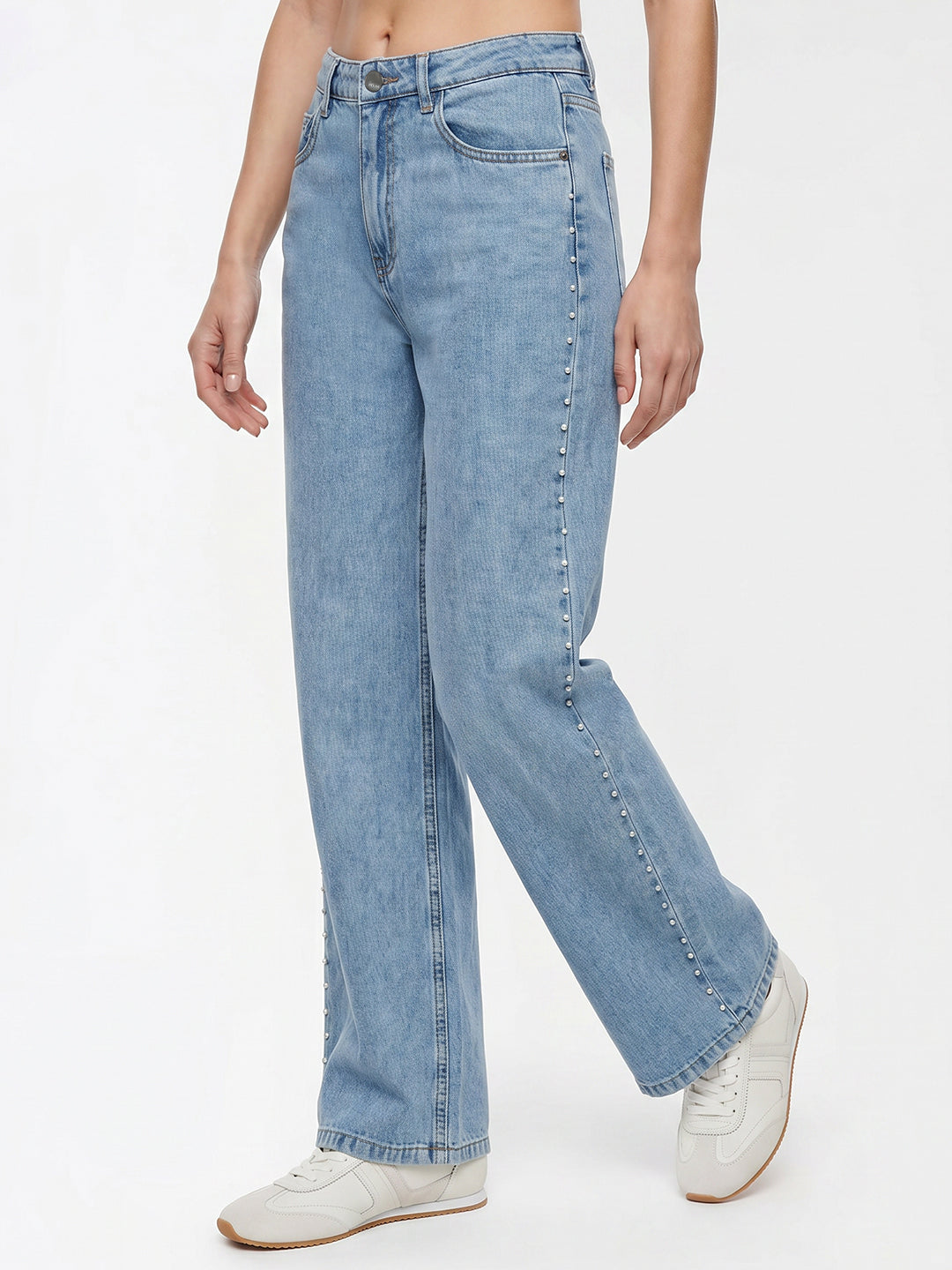 Women Blue Studded Pearl Wide Leg Jeans