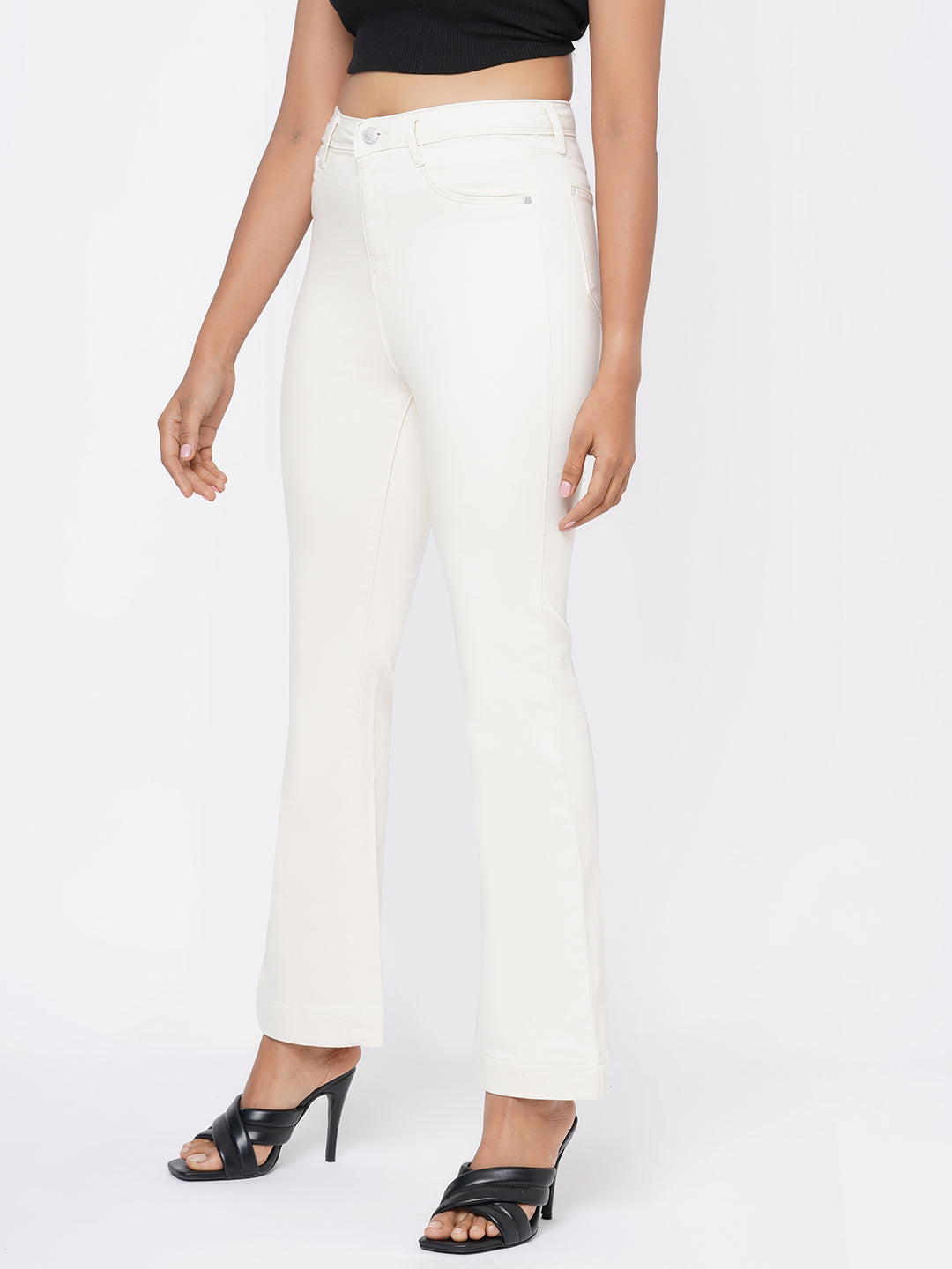 Women Ecru High-Rise Mini Flare Jeans