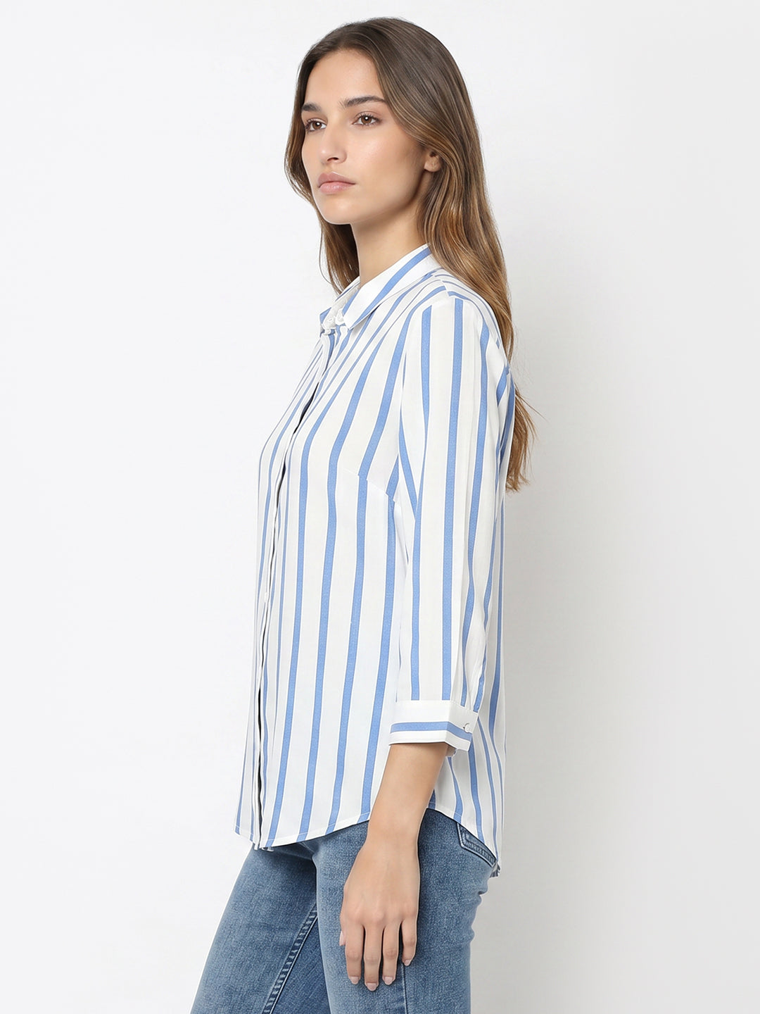 Women White/Blue Stripe Shirt