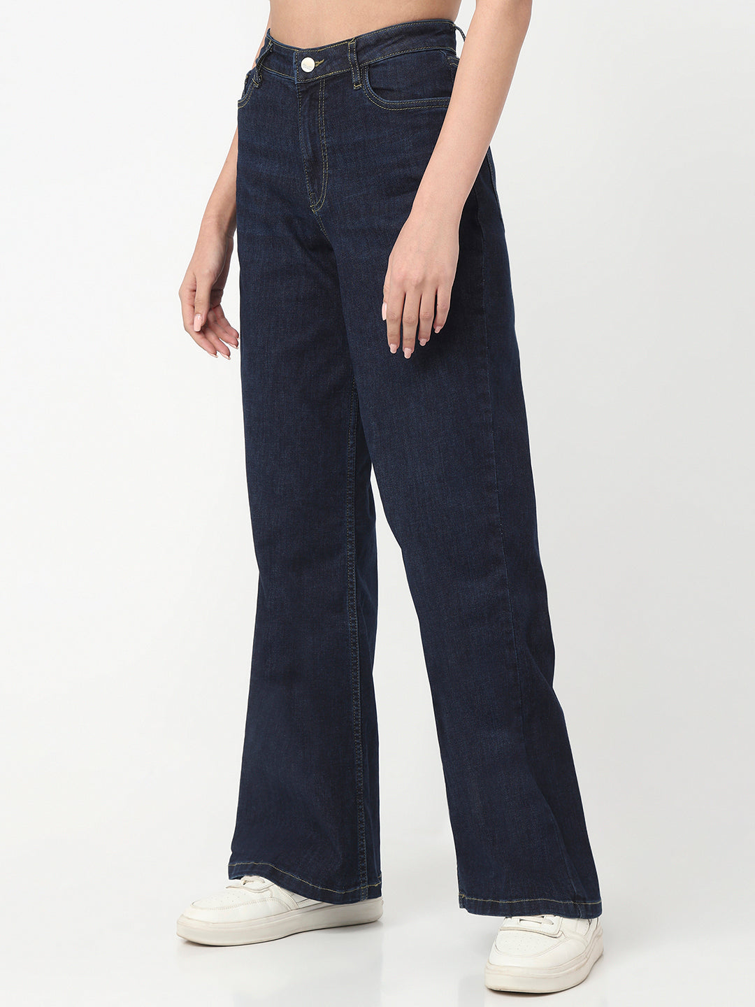 Women Dark Blue High-Rise Super Wide Leg Jeans