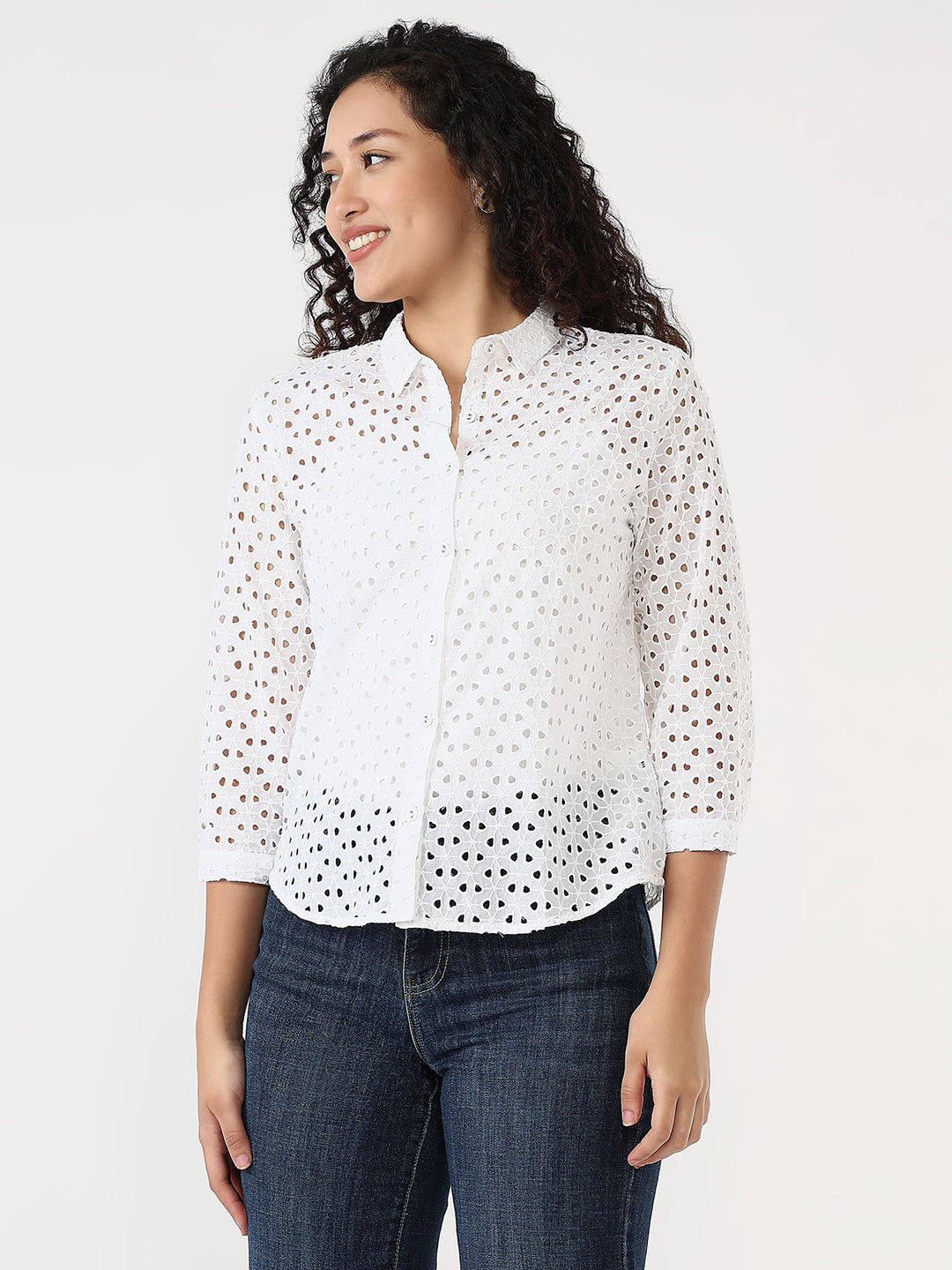 Women White Slim Schiffli Shirt