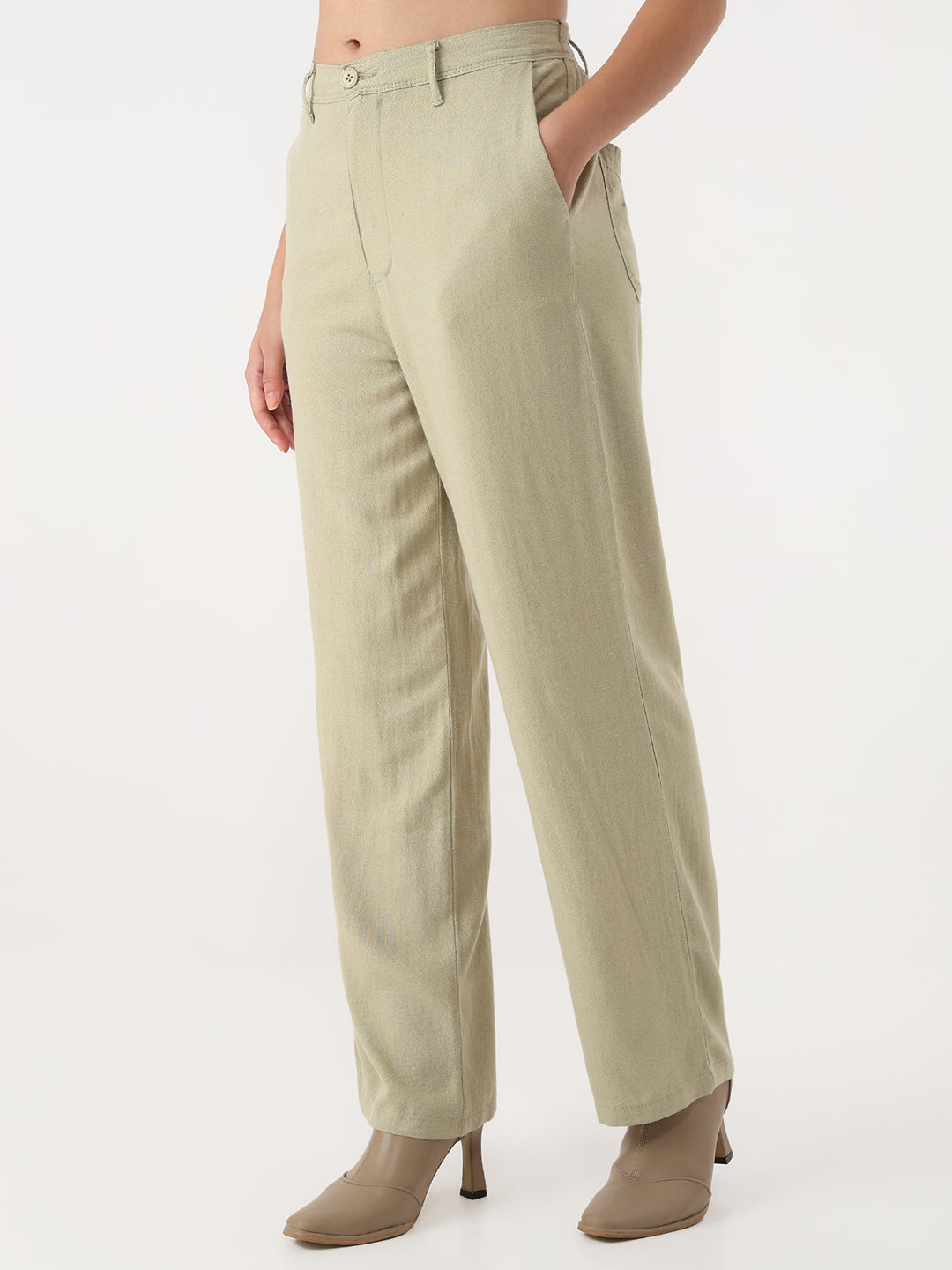 Women Light Olive Loose Straight Korean Pants