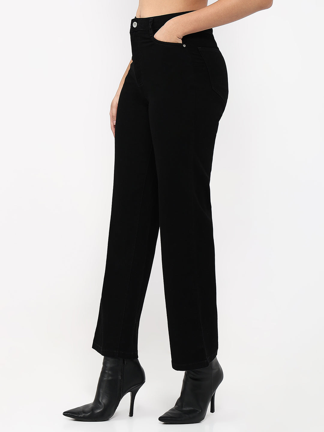 Women Black Crop Wide Leg Jeans