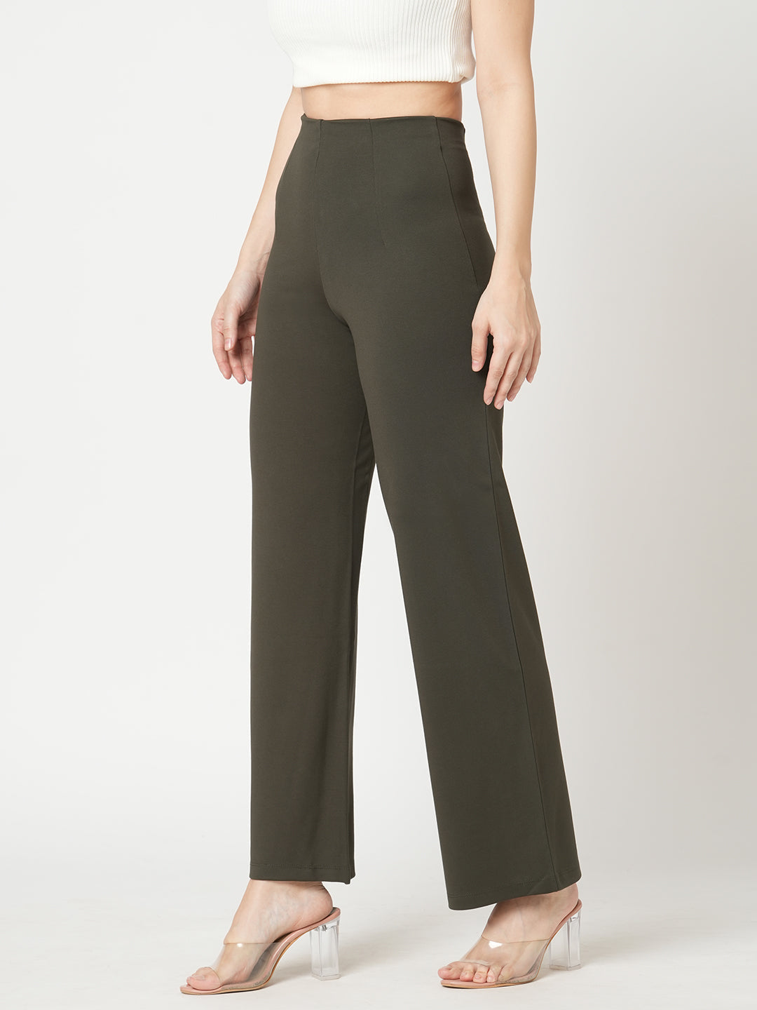 Women Olive Straight Wide Leg Treggings