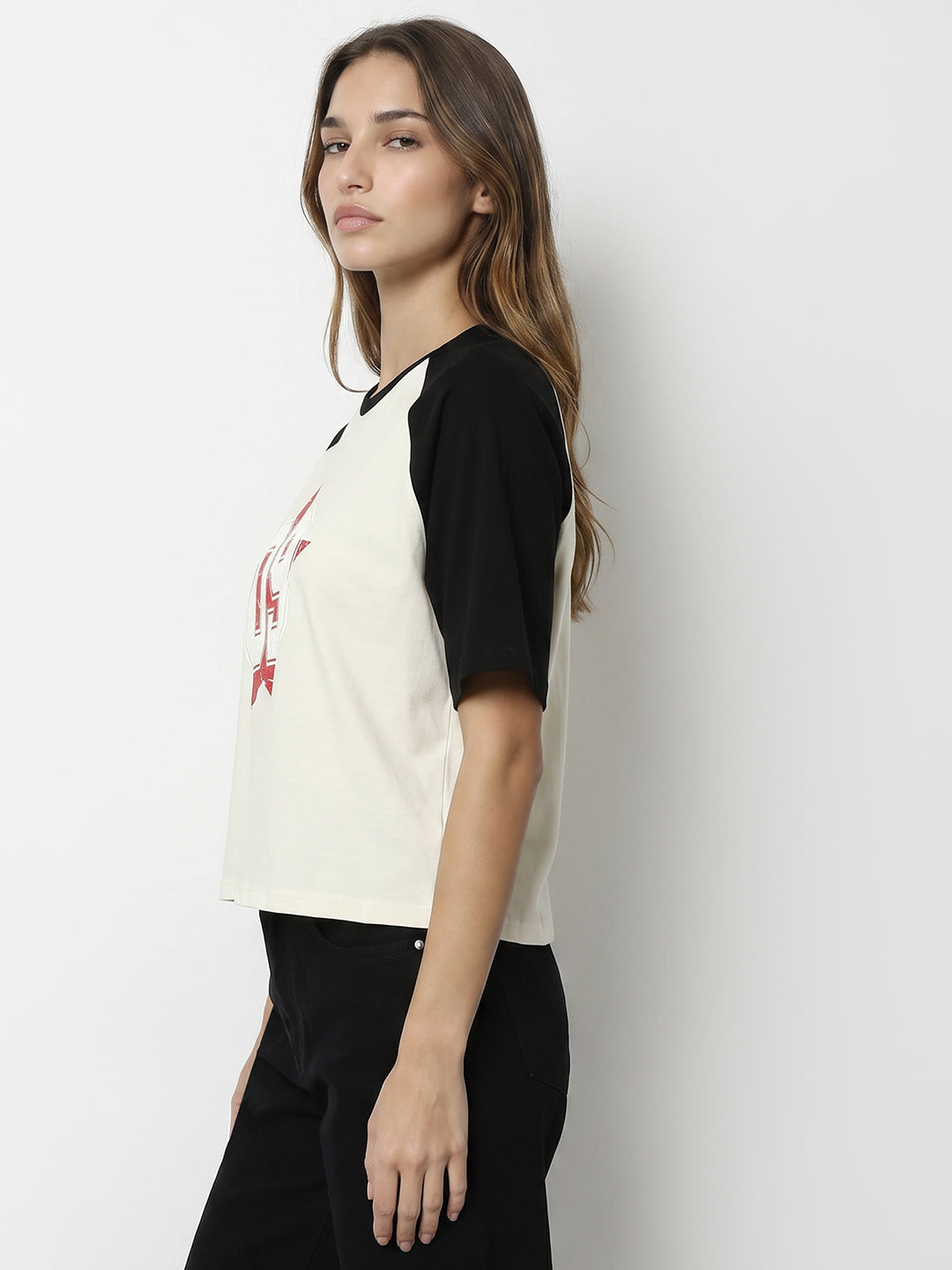 Women Ivory/Black Crop Graphic Tees