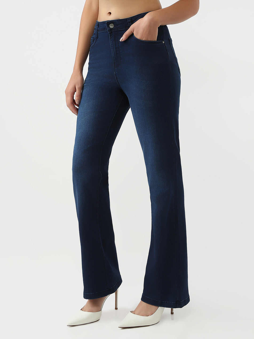 Women High Rise Mini Flared Jeans