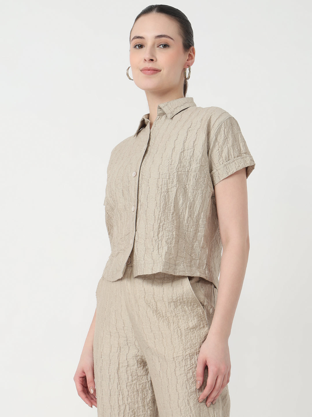 Women Pumic Stone Slim Fit Crop Shirt