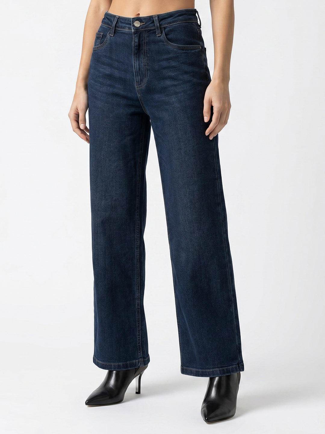 Women Dark Blue High-Rise Crop Wide Leg Jeans
