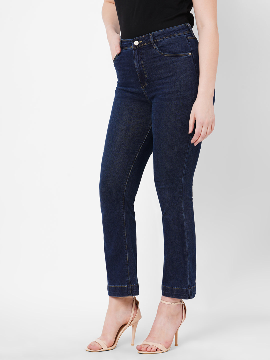 Women Navy High-Rise Mini Flare Jeans