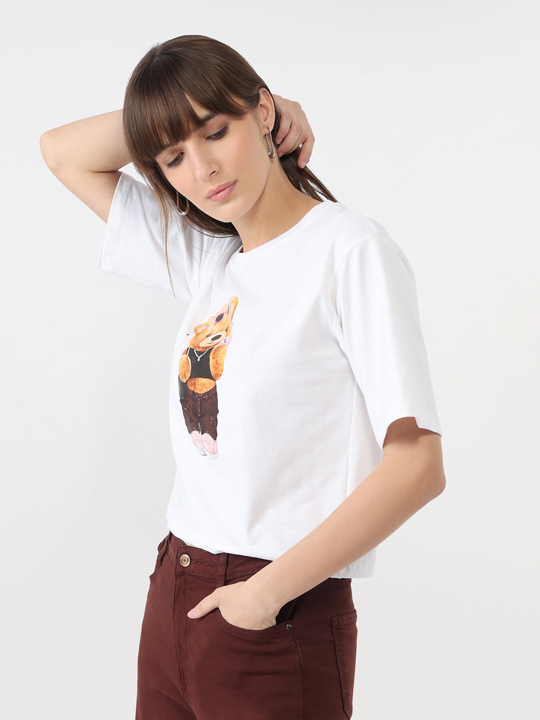 Women White Graphic Crop Slim T-Shirt