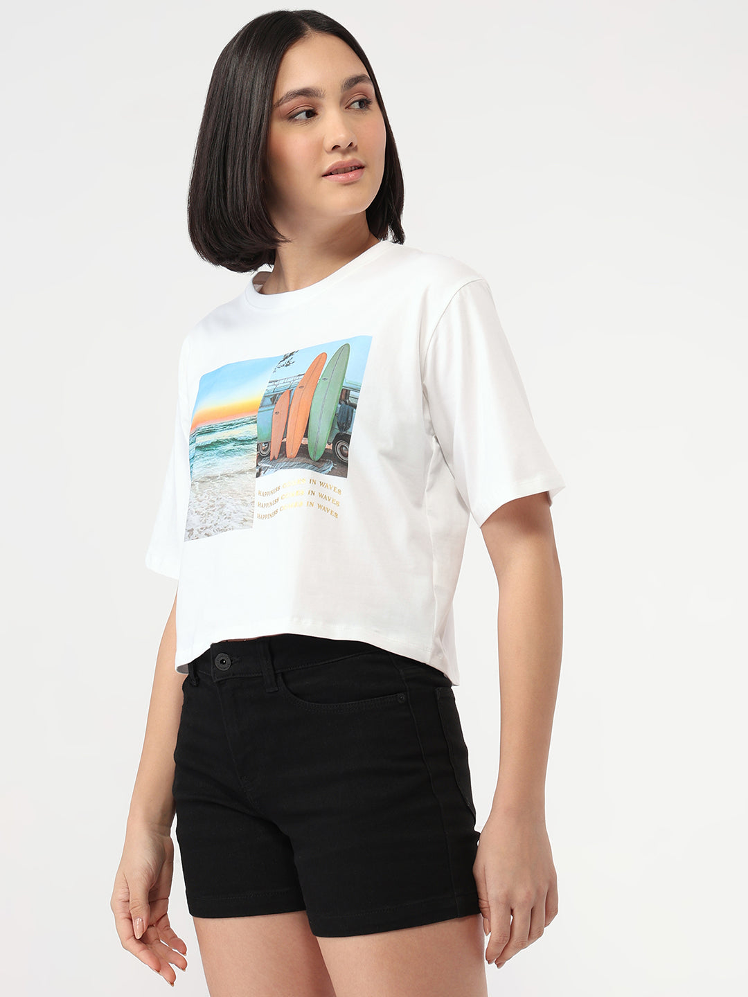 Women White Slim Fit Crop T-Shirt