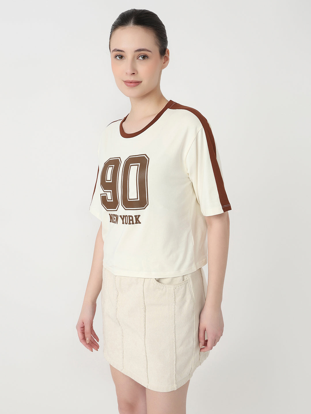 Women Ivory Slim Fit Graphic Crop T-Shirt