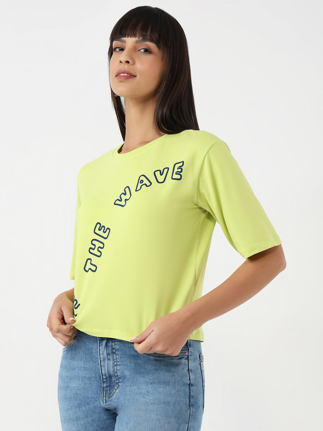 Women Lime Slim Crop Graphic T-Shirt