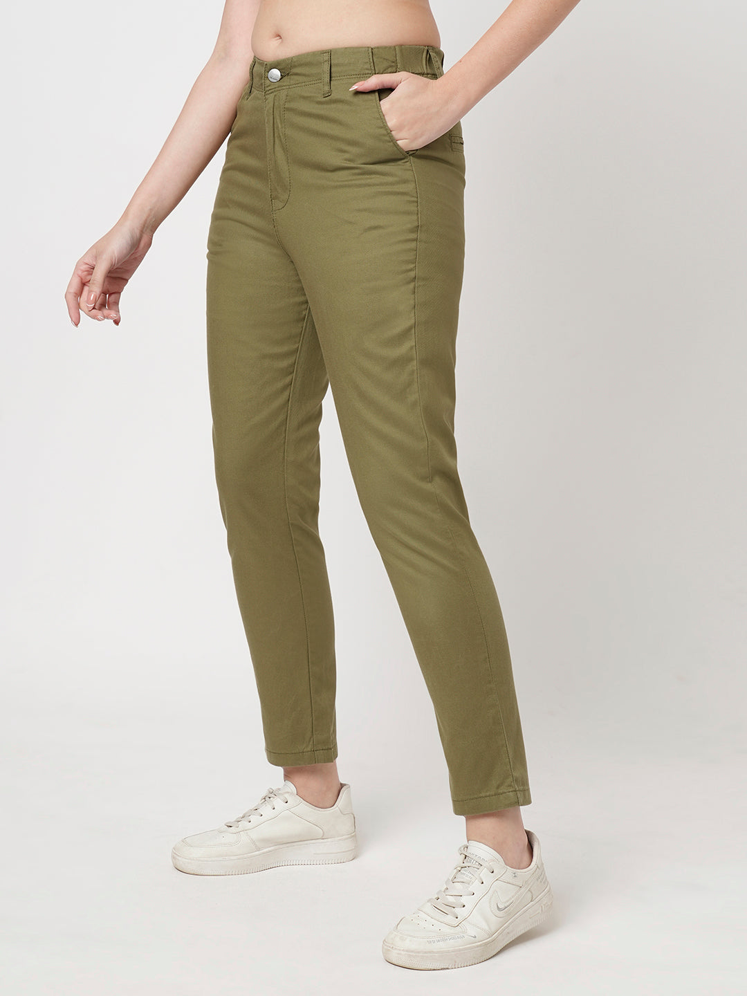 Women Light Olive Mid-Rise Slim Fit Trousers