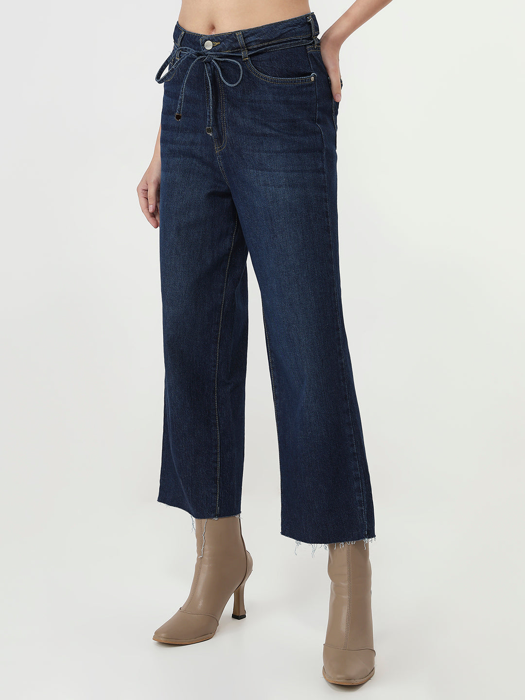 Women Blue Crop Wide Leg Jeans