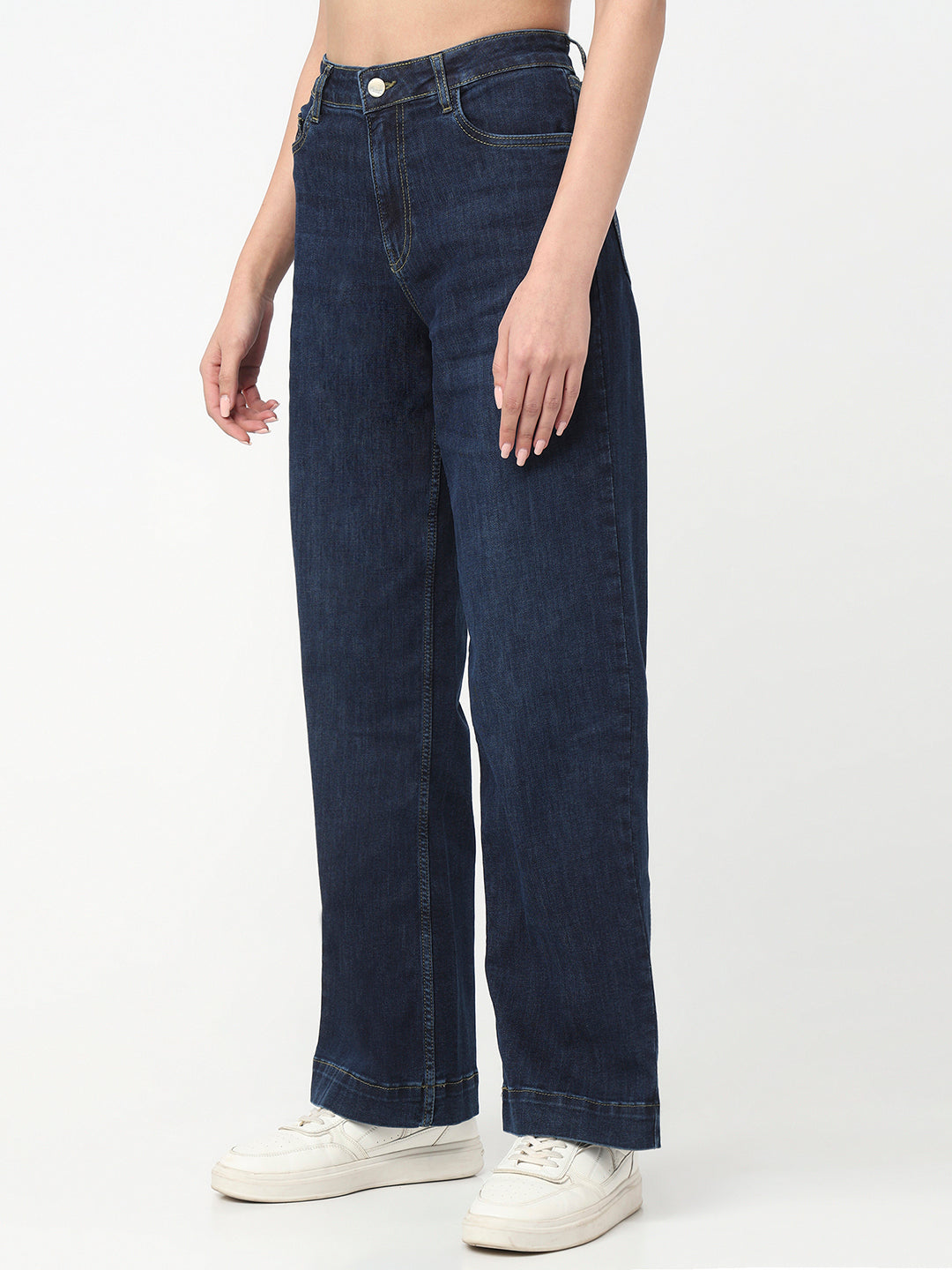 Women Dark Blue High-Rise Wide Leg Jeans