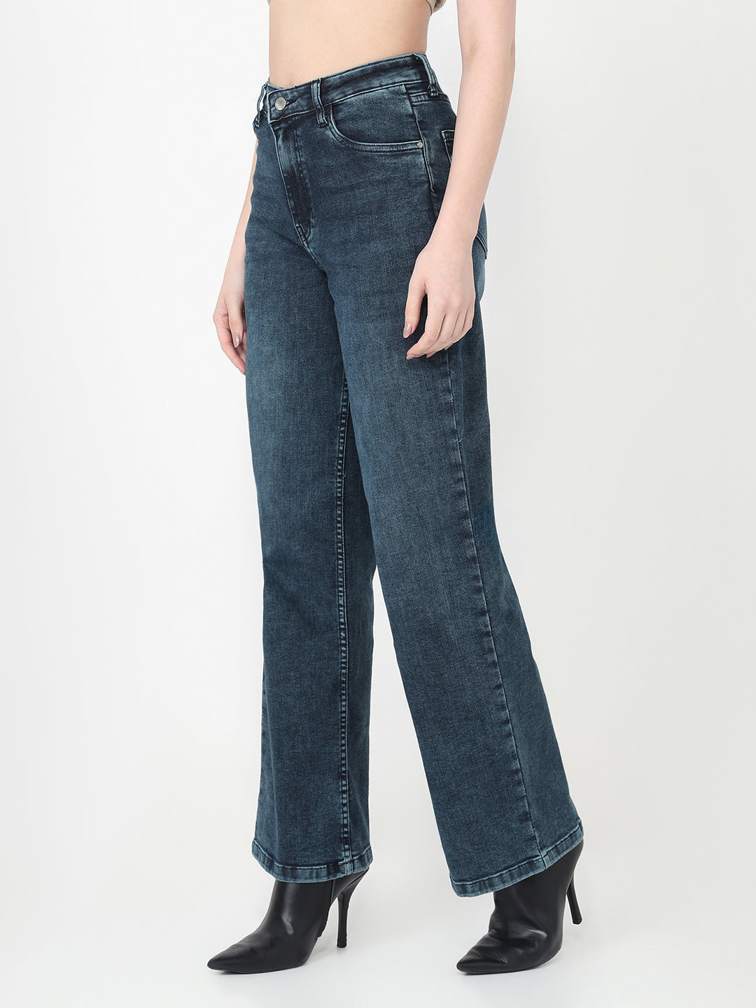 Women Slate Blue High-Rise Wide Leg Jeans