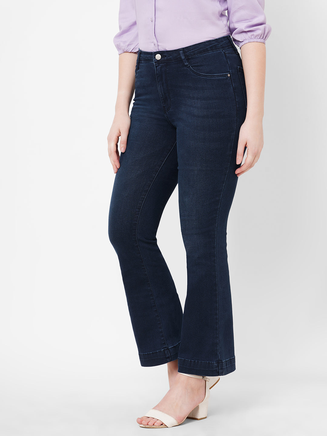 Women Navy High-Rise Mini Flare Jeans