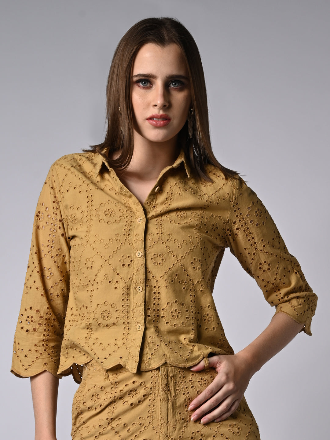 Women Self Design Mustard Shirt
