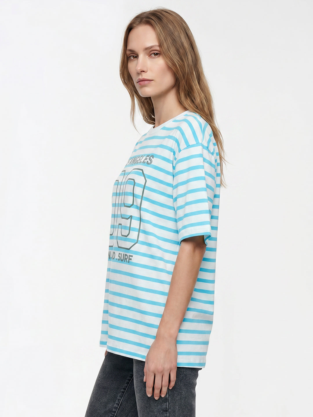 Women Sky/White Stripe Oversized T-Shirt