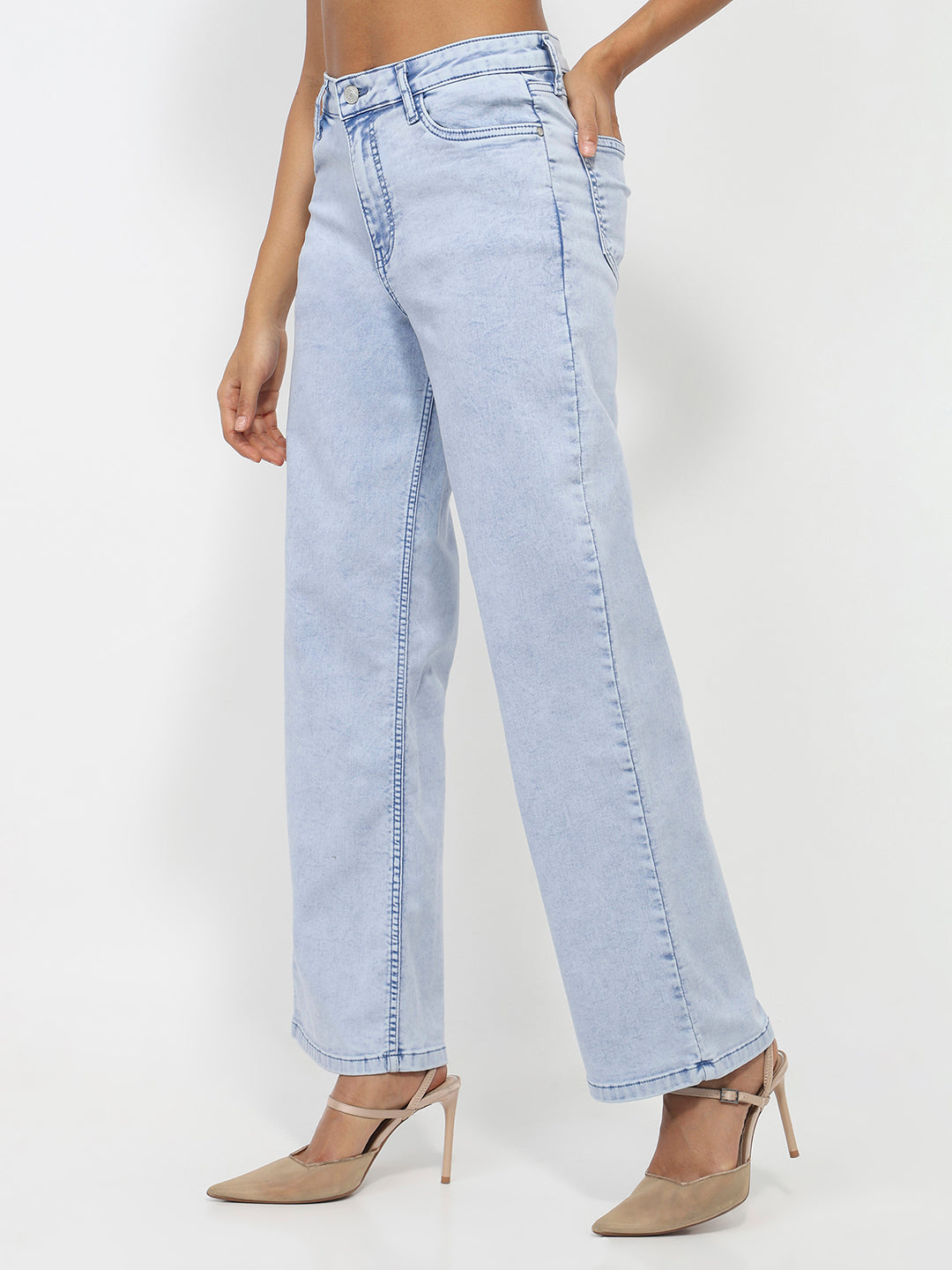 Women Light Blue High-Rise Wide Leg Jeans