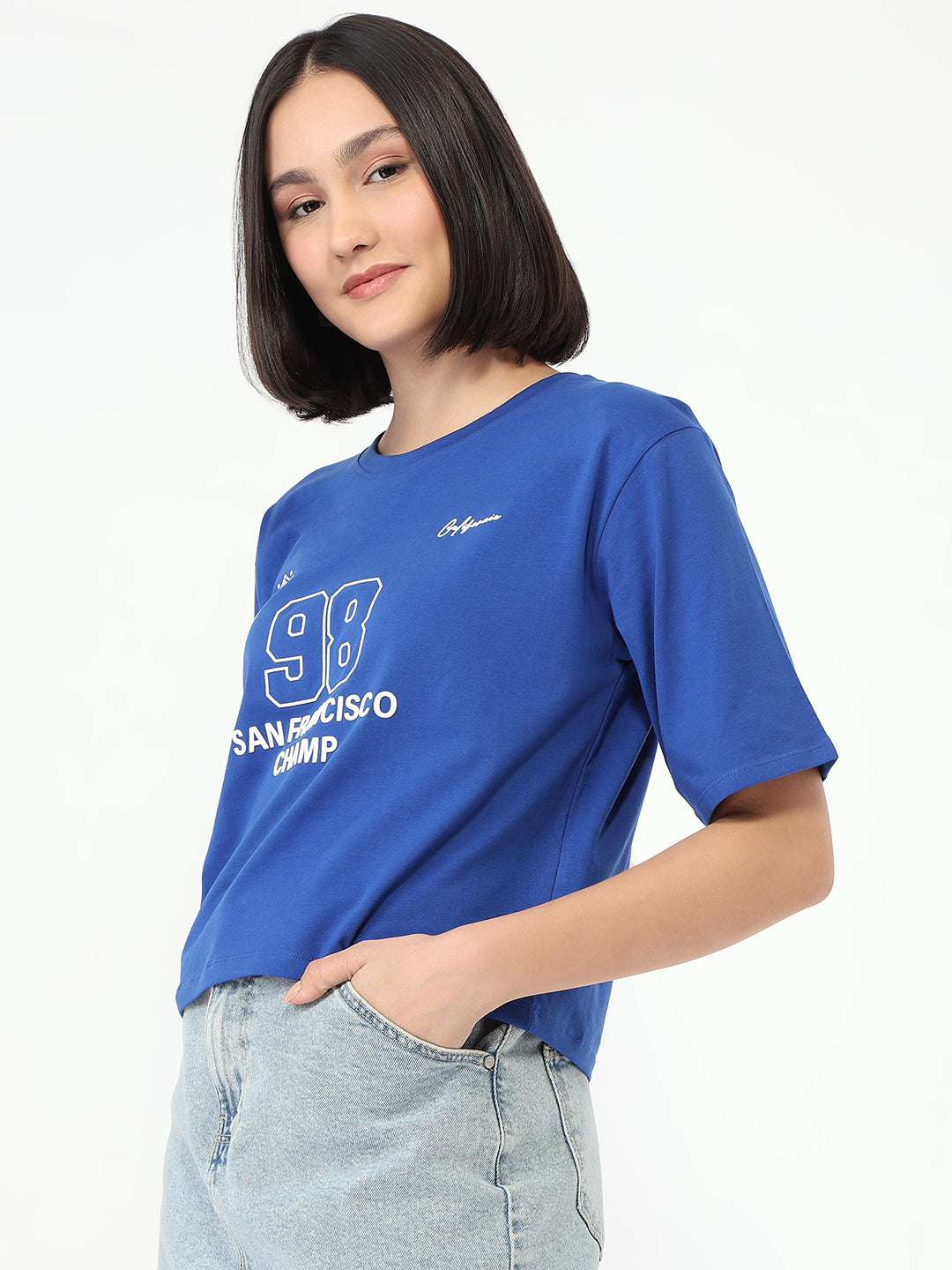 Women Electric Blue Slim Fit Boxy T-Shirt