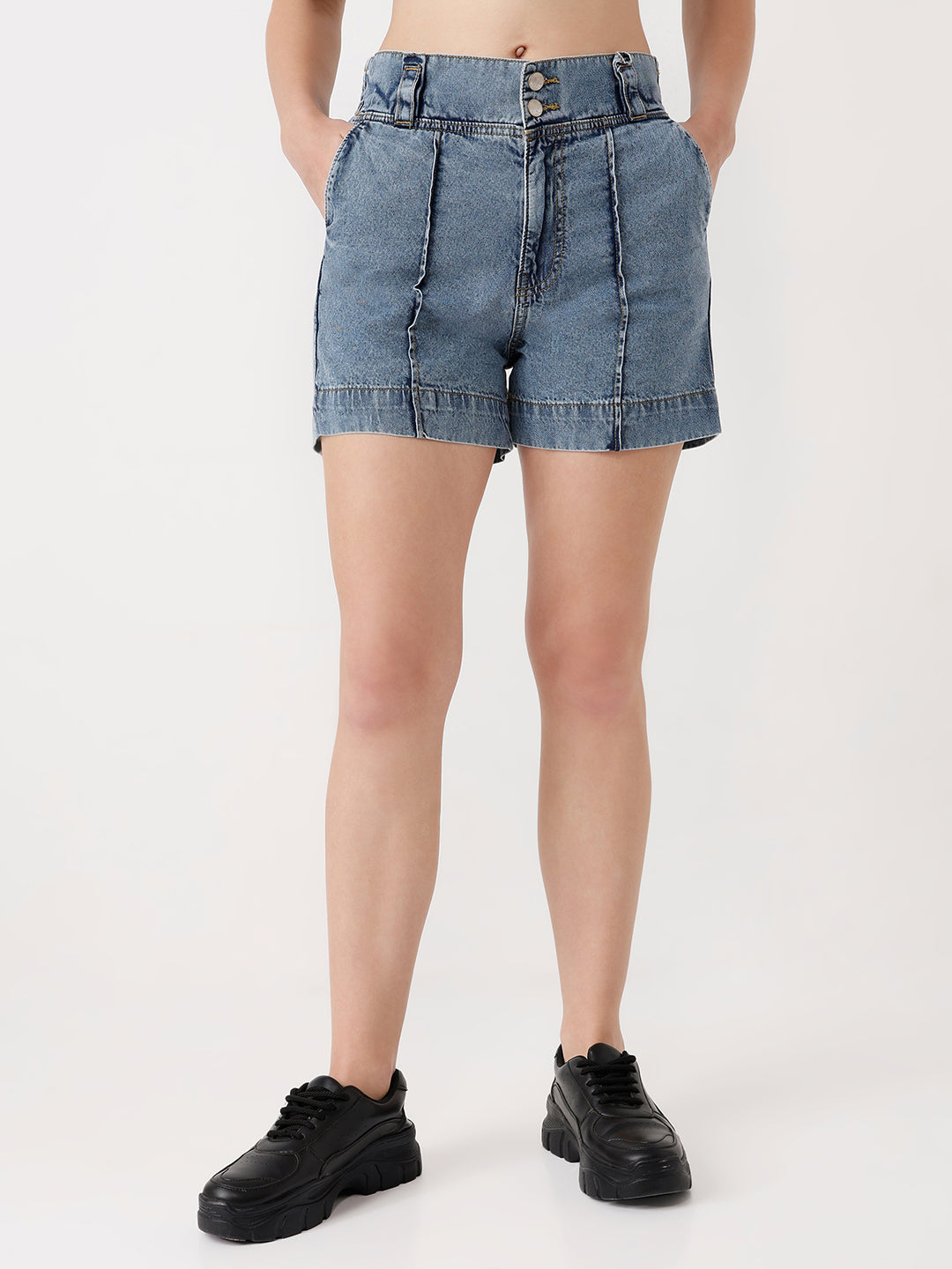 Women Light Blue High-Rise Slim Shorts