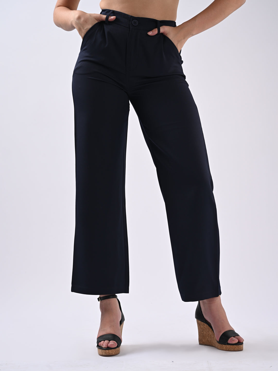 Women Navy Mid-Rise Wide Leg Trousers