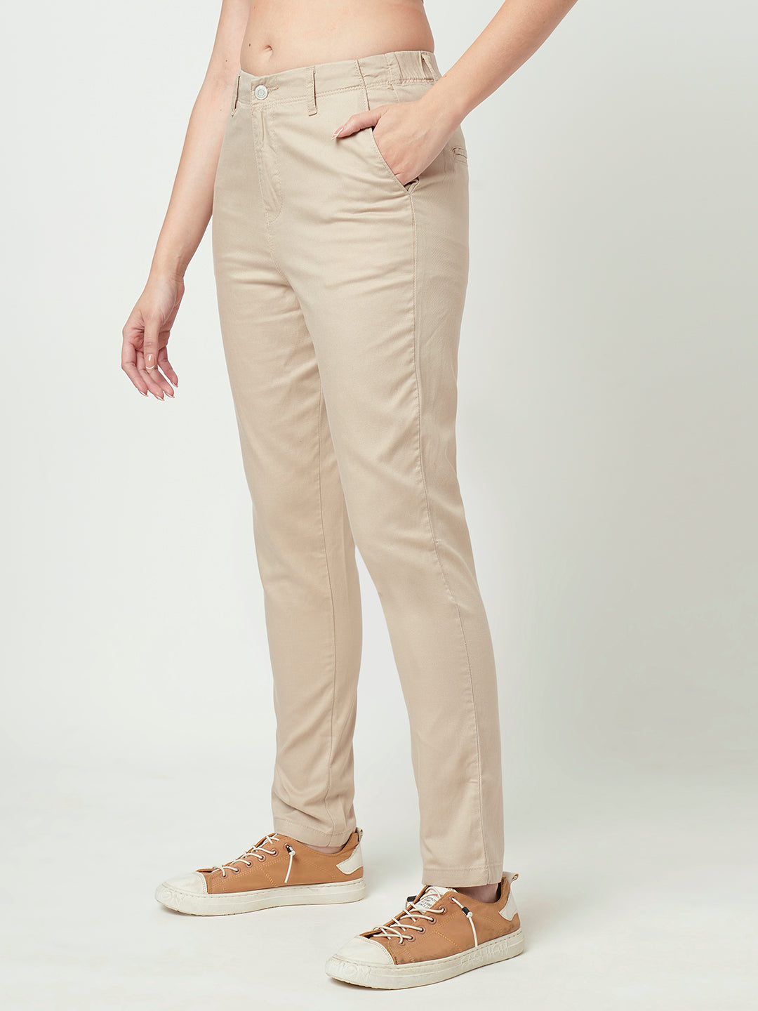 Women Oatmilk Mid-Rise Slim Fit Trousers