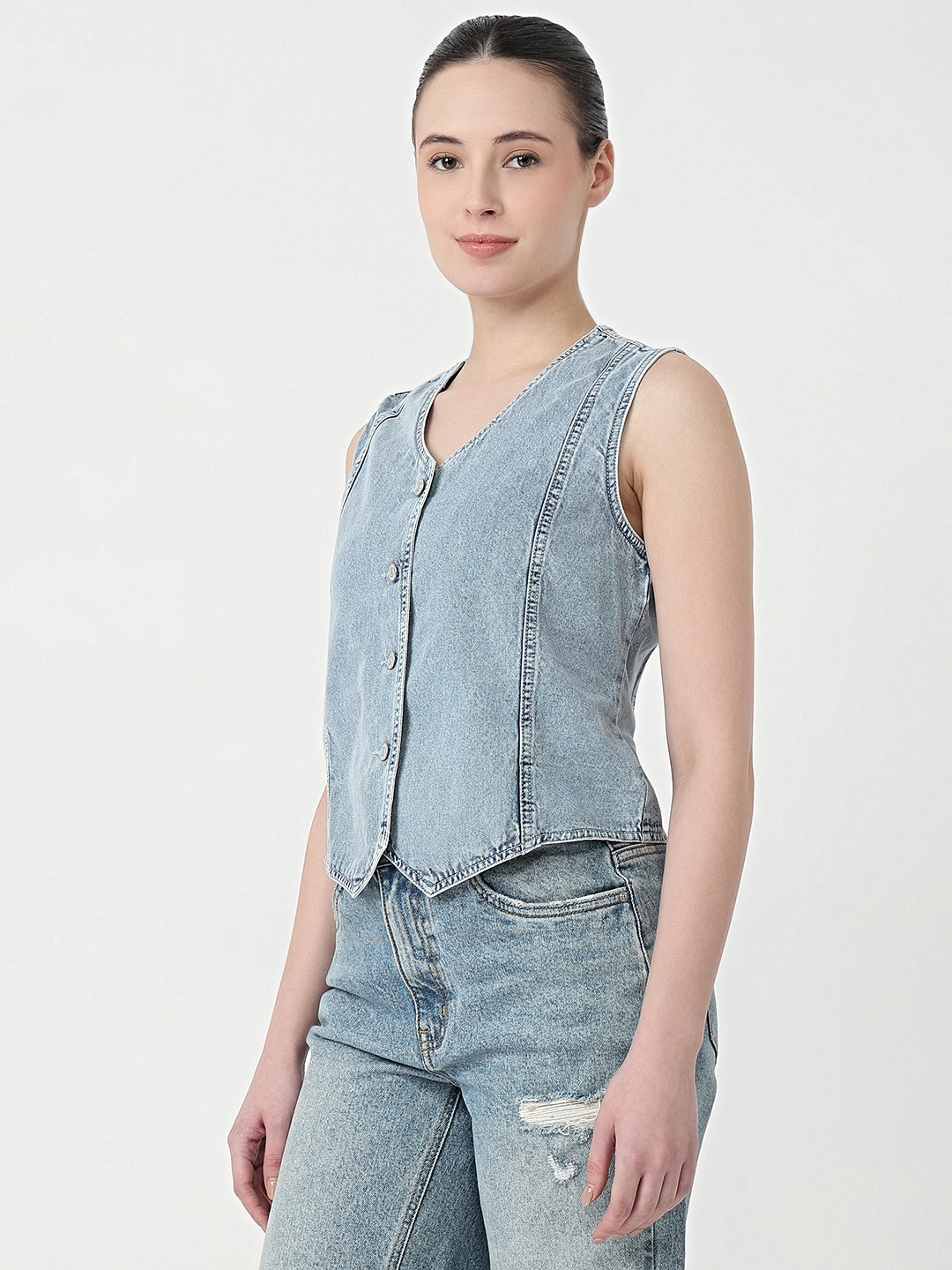 Women Light Blue Slim Fit Vest