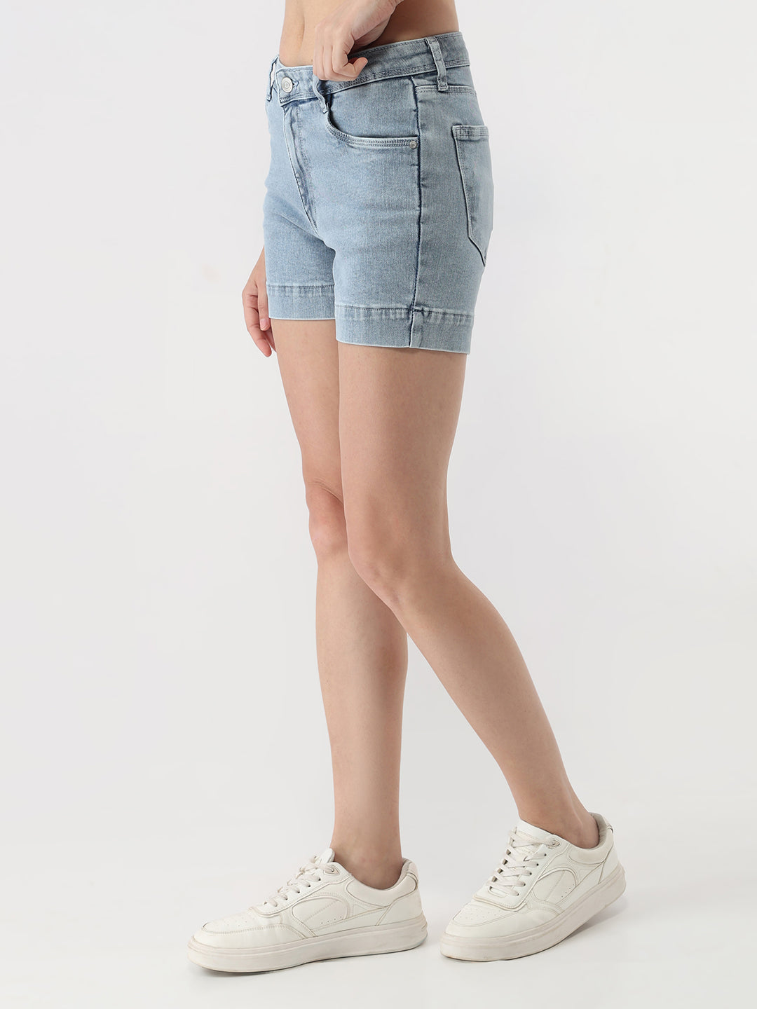 Women Light Blue High-Rise Slim Shorts