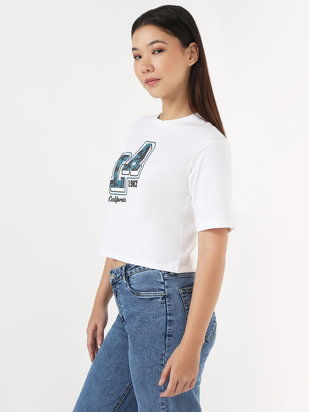 Women White Slim Crop Graphic T-Shirt