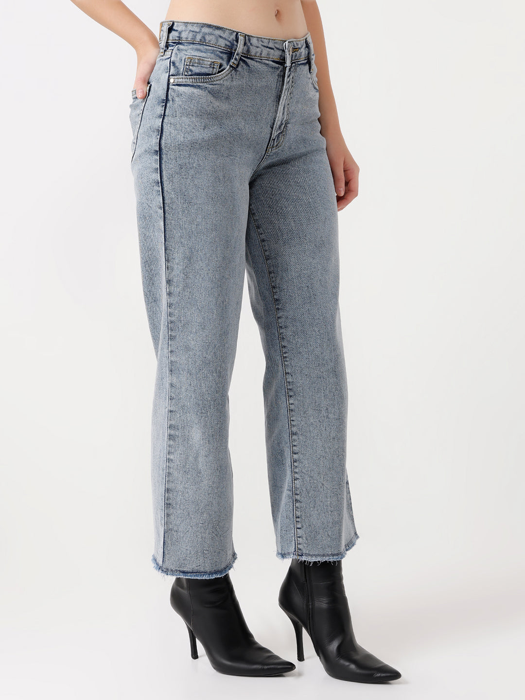Women Blue Crop High-Rise Wide Leg Jeans