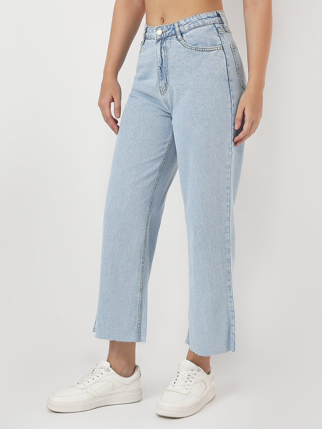 Women Light Blue Crop Wide Leg Jeans