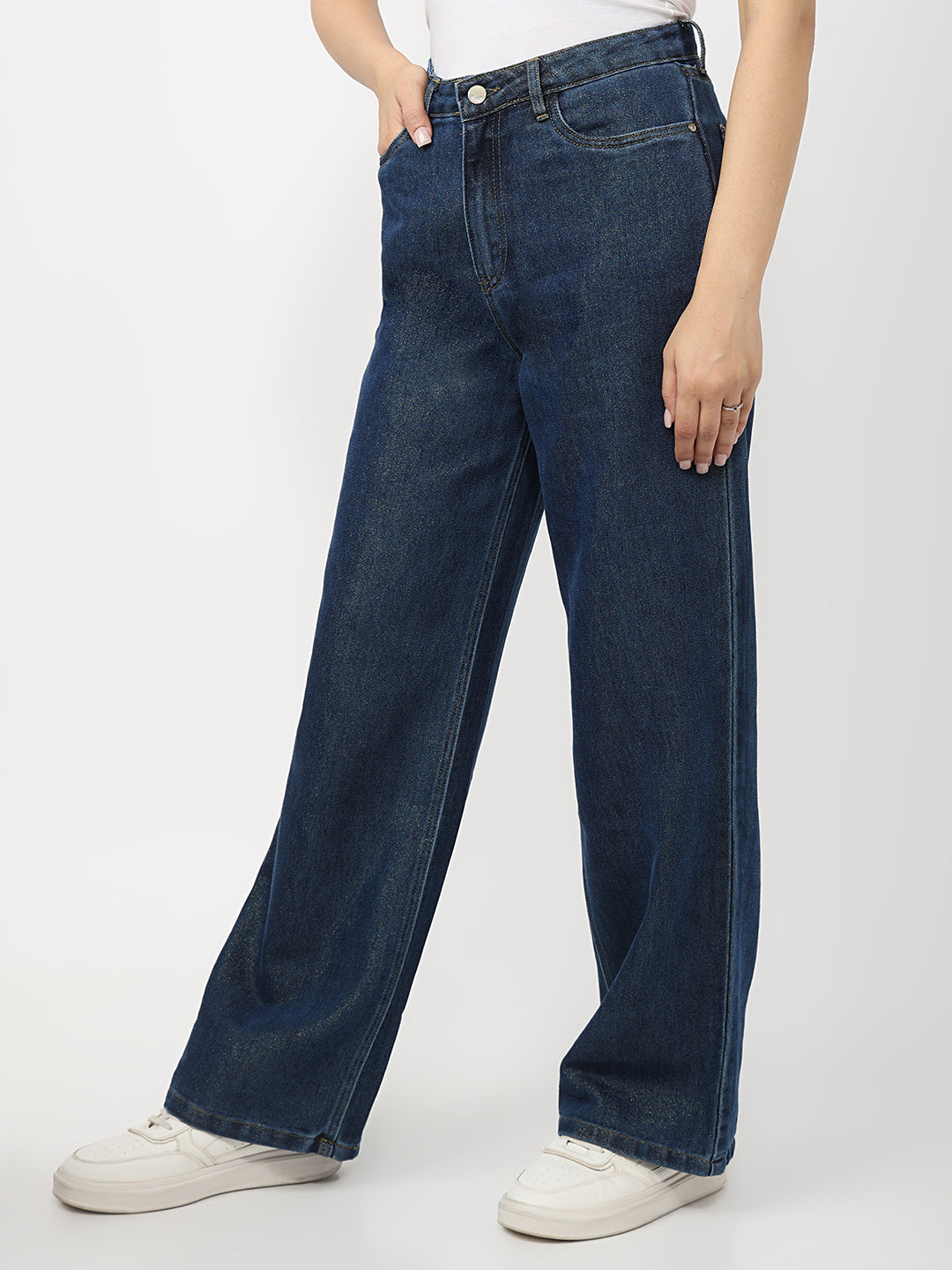 Women Dark Blue High-Rise Wide Leg Shimmer Jeans