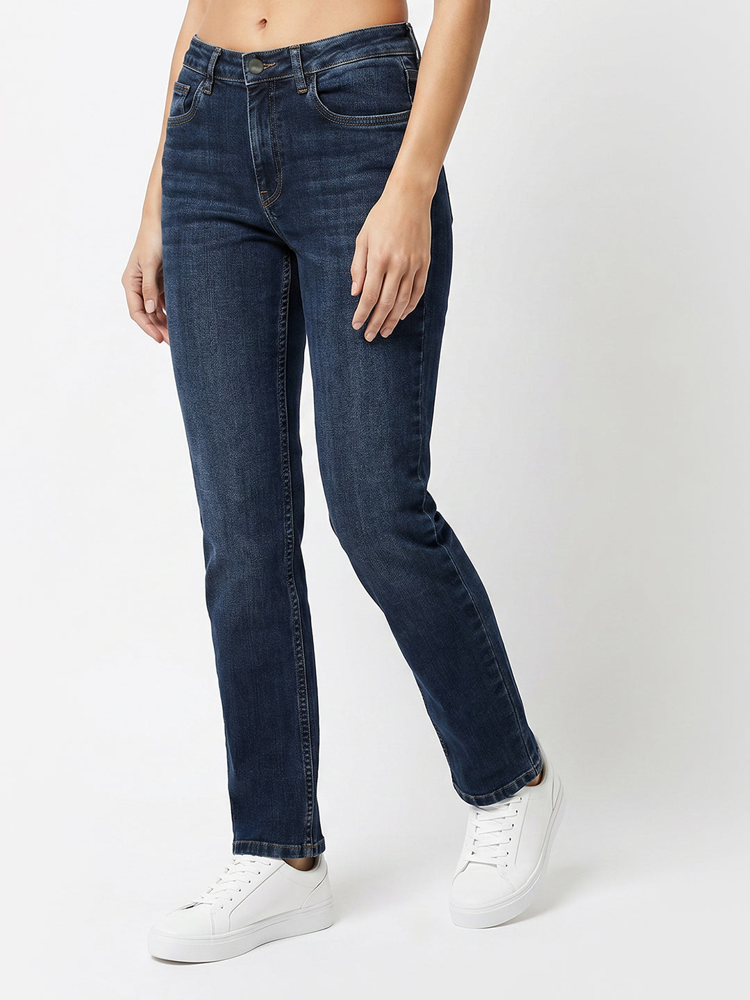 Women Blue High-Rise Slim Straight Jeans