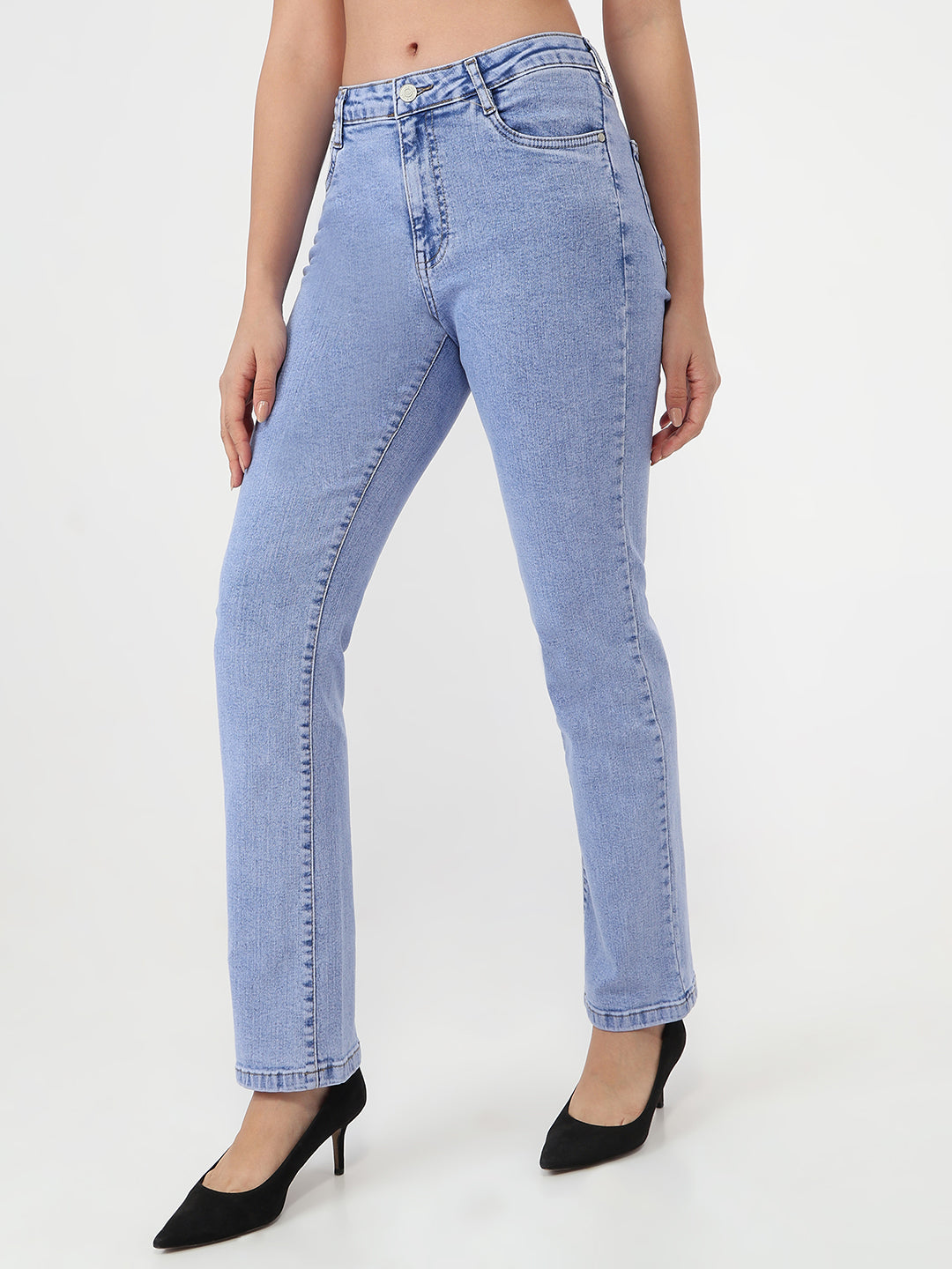 Women Light Blue High-Rise Slim Straight