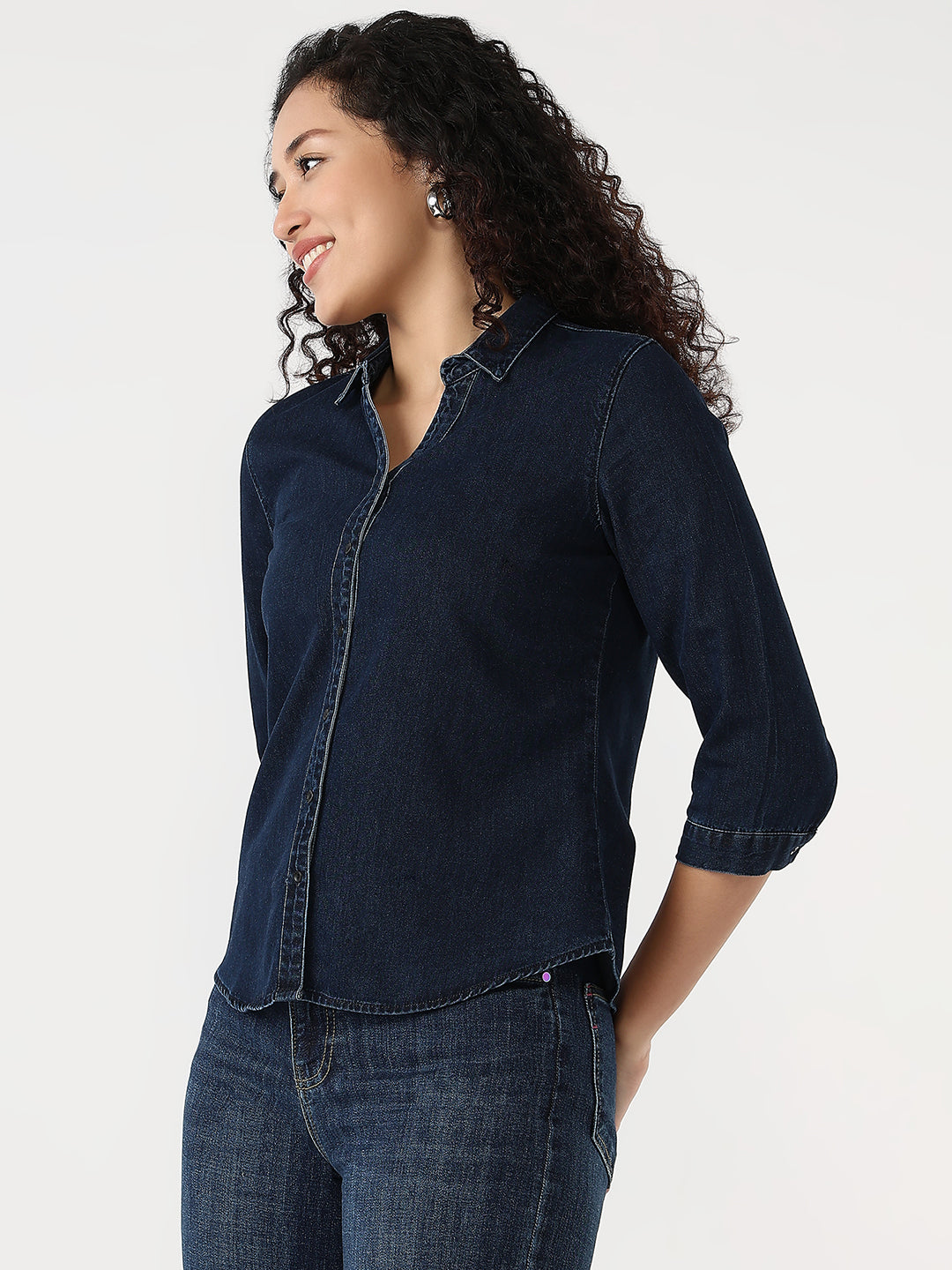 Women Dark Blue Slim Shirt