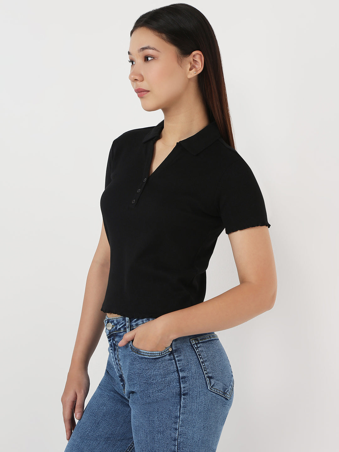 Women Slim Fit Crop T-Shirt Rib