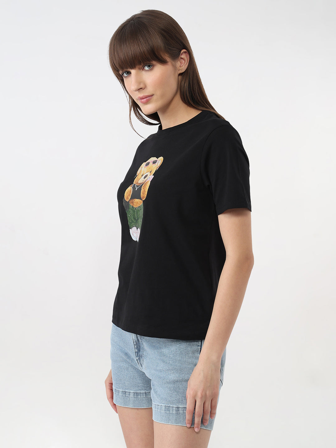 Women Black Graphic Slim T-Shirt