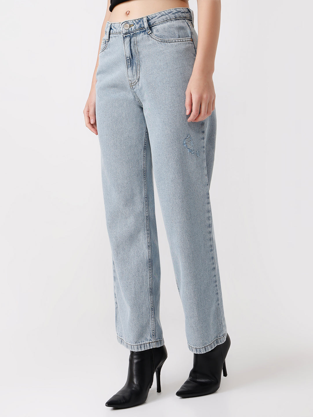 Women Light Blue High-Rise Loose Straight Jeans