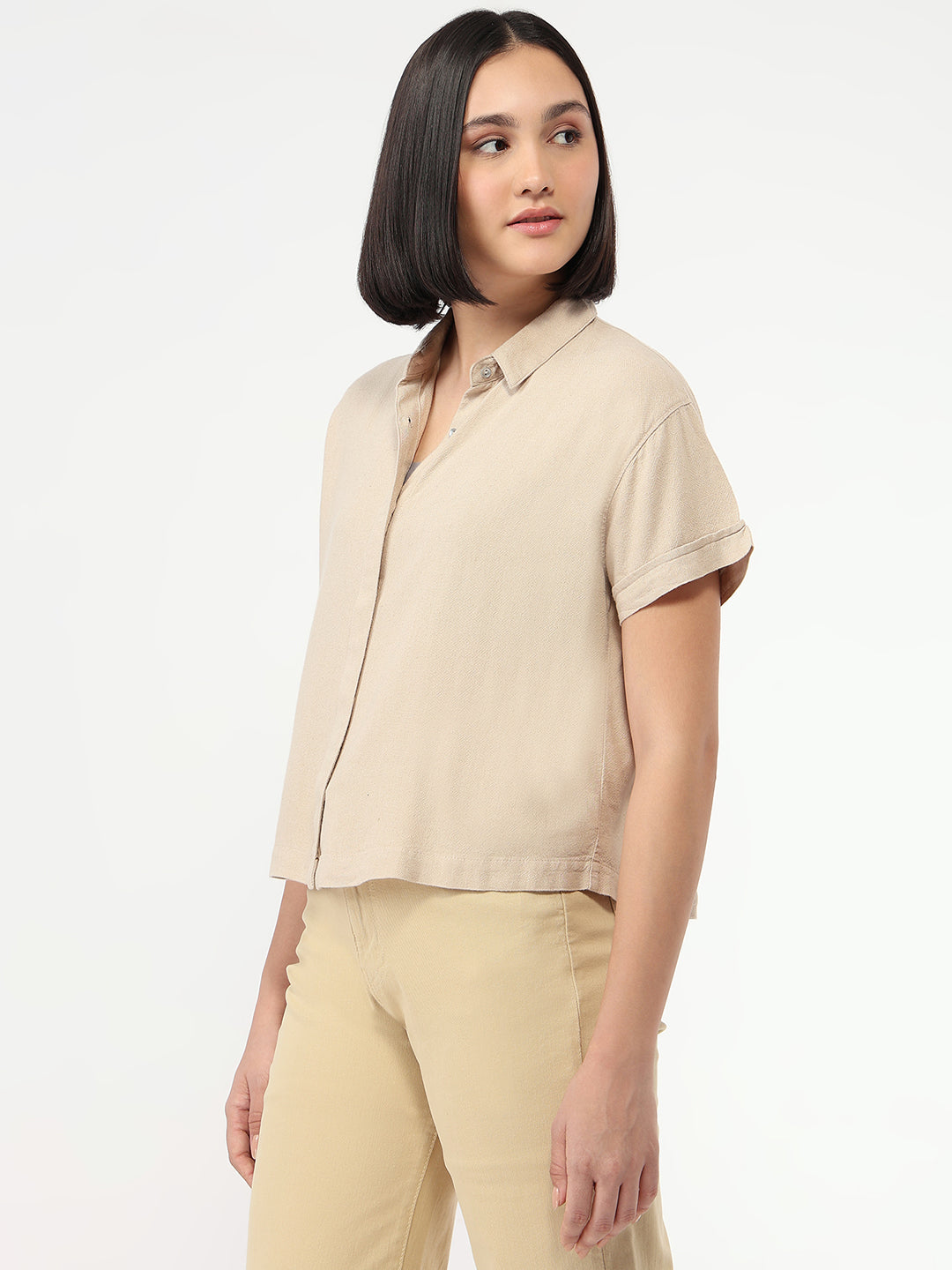 Women Oatmilk Slim Fit Crop Shirt