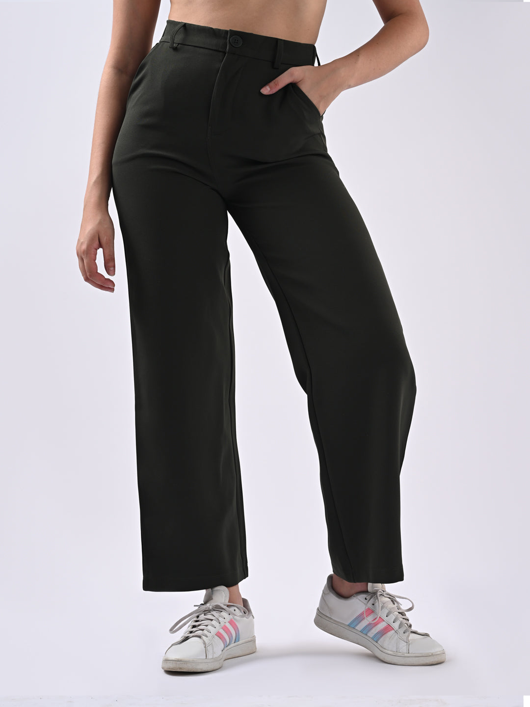 Women Olive Mid-Rise Wide Leg Trouser