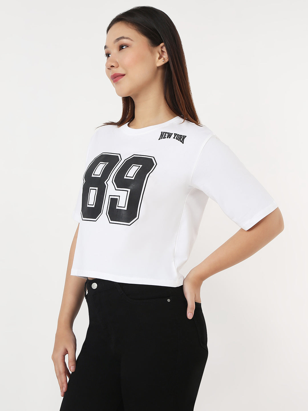 Women White Slim Crop Graphic T-Shirt