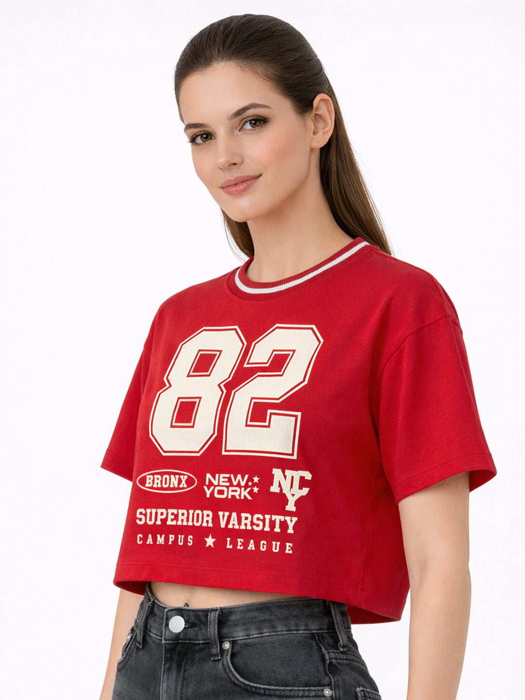Women Red Graphic Crop Tees
