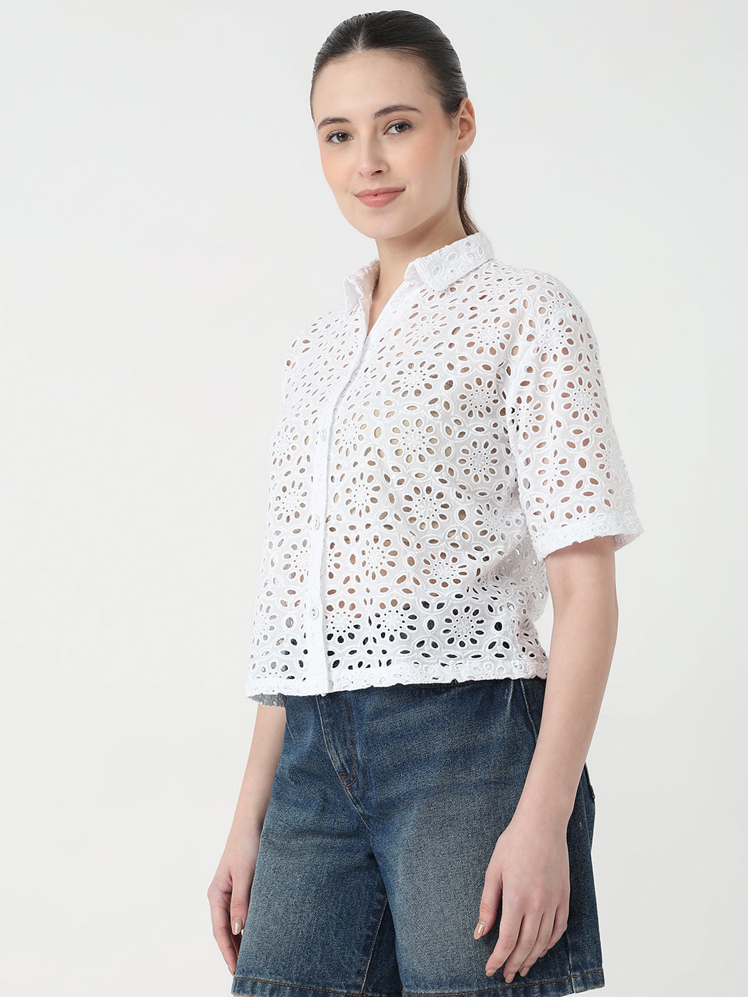 Women White Slim Fit Crop Shirt